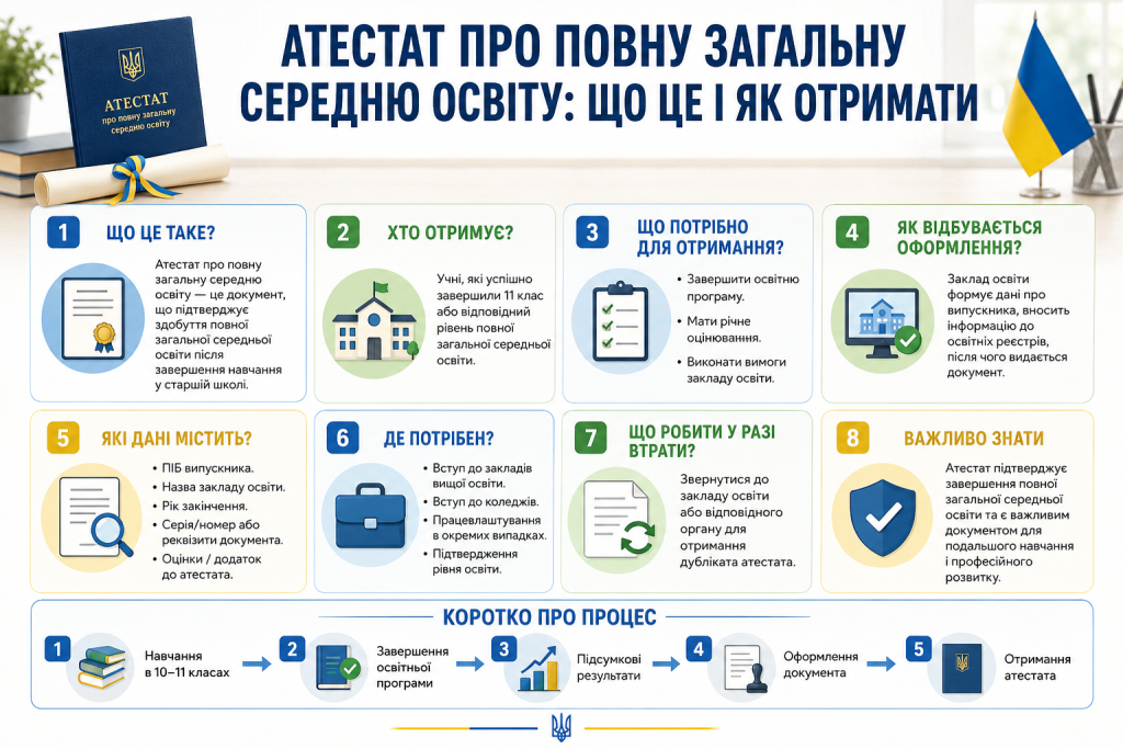 Інфографіка про атестат за 11 клас, умови його отримання, необхідні оцінки та значення документа для вступу