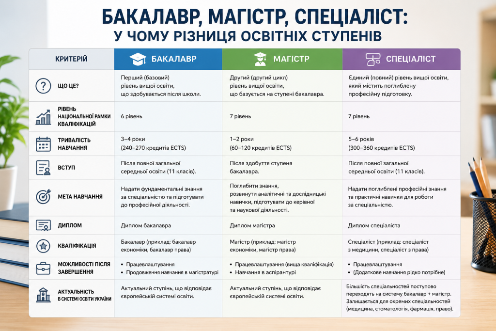 Порівняльна інфографіка про бакалаврат, магістратуру та спеціалітет із термінами навчання і рівнями кваліфікації