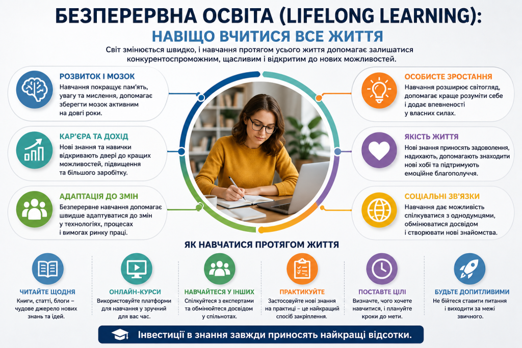 Інфографіка про lifelong learning, професійний розвиток, оновлення знань і переваги навчання впродовж життя