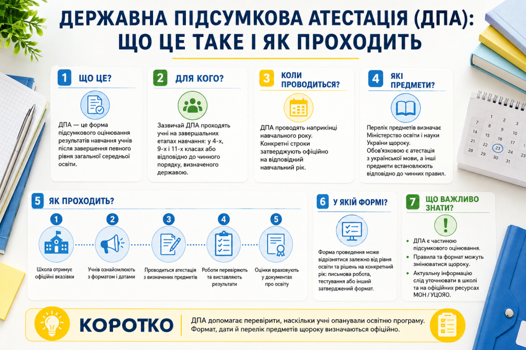 Інфографіка про державну підсумкову атестацію, предмети, формат проведення, оцінювання та підготовку учнів
