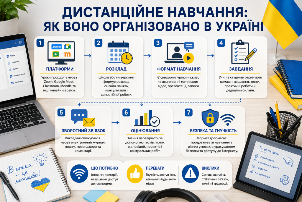 Інфографіка про платформи, розклад, онлайн-уроки, завдання та контроль знань під час дистанційного навчання