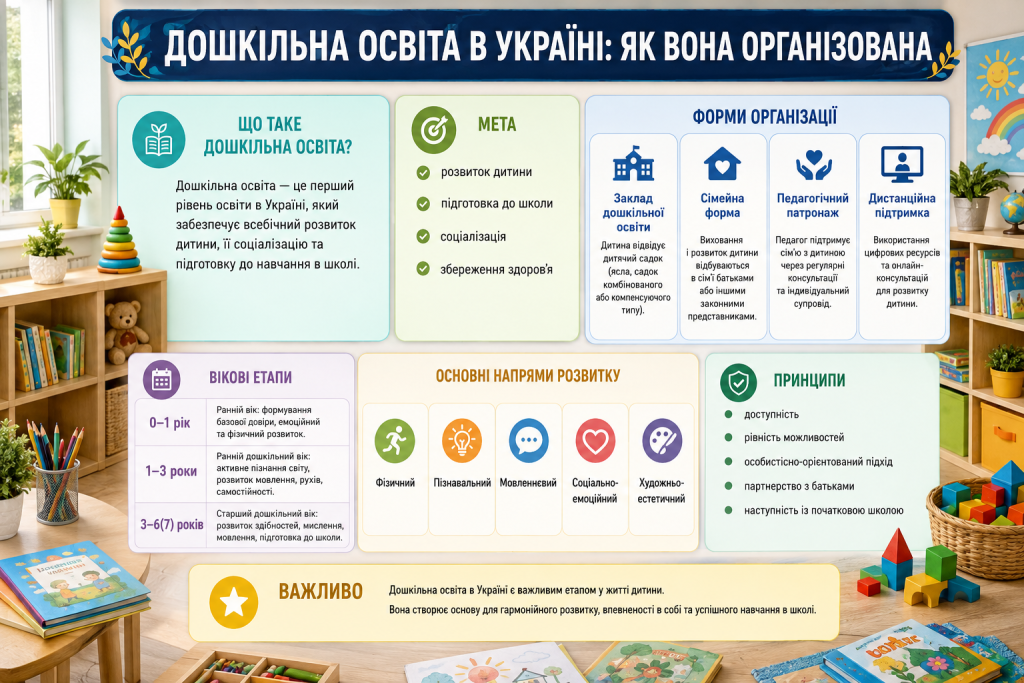 Інфографіка про дошкільну освіту в Україні, її мету, форми організації, вікові етапи, основні напрями розвитку дитини та принципи навчання.
