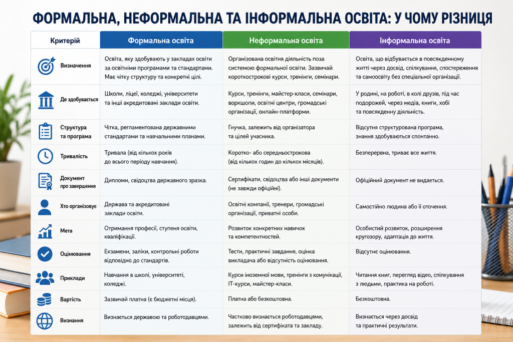 Порівняльна таблиця формальної, неформальної та інформальної освіти за форматом, результатами й прикладами навчання