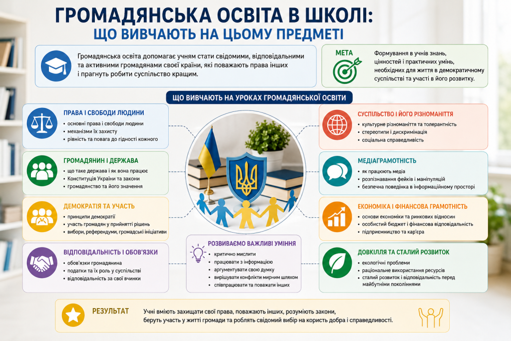 Інфографіка про права людини, демократію, державу, громадянську відповідальність і медіаграмотність на уроках громадянської освіти