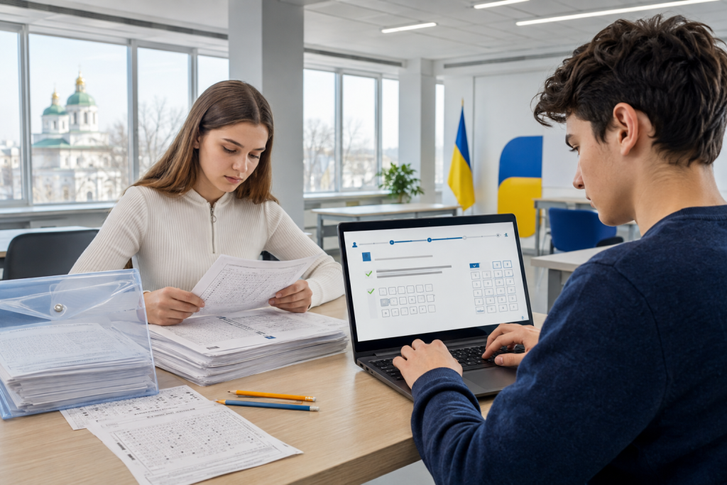 Хлопець складає НМТ за комп’ютером, а дівчина працює з паперовими тестовими завданнями ЗНО