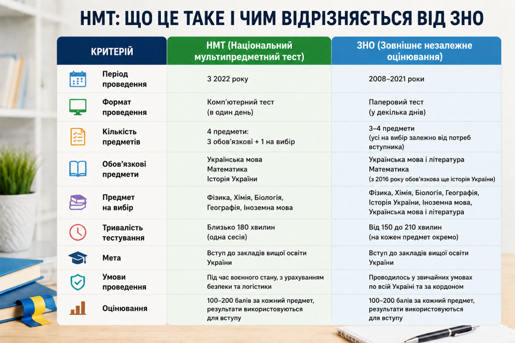 Порівняльна таблиця НМТ та ЗНО за форматом проведення, предметами, тривалістю й оцінюванням