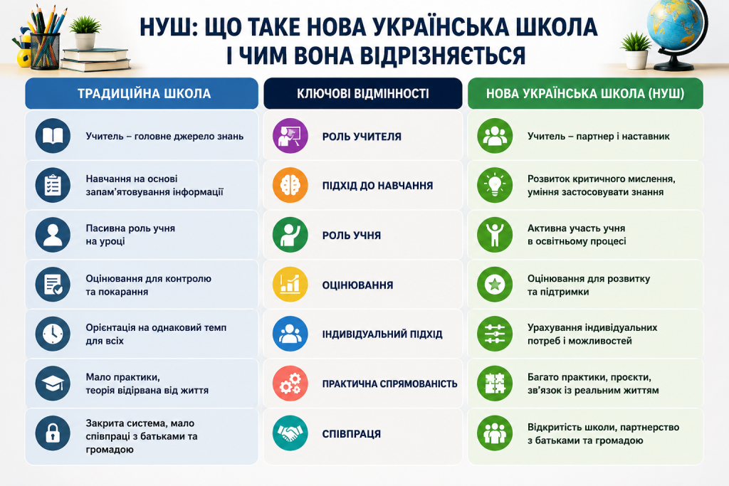 Інфографіка про принципи Нової української школи та її відмінності від традиційної системи освіти
