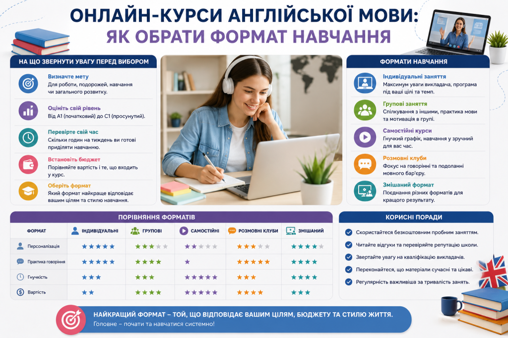 Інфографіка з порівнянням індивідуальних, групових і самостійних онлайн-курсів англійської мови