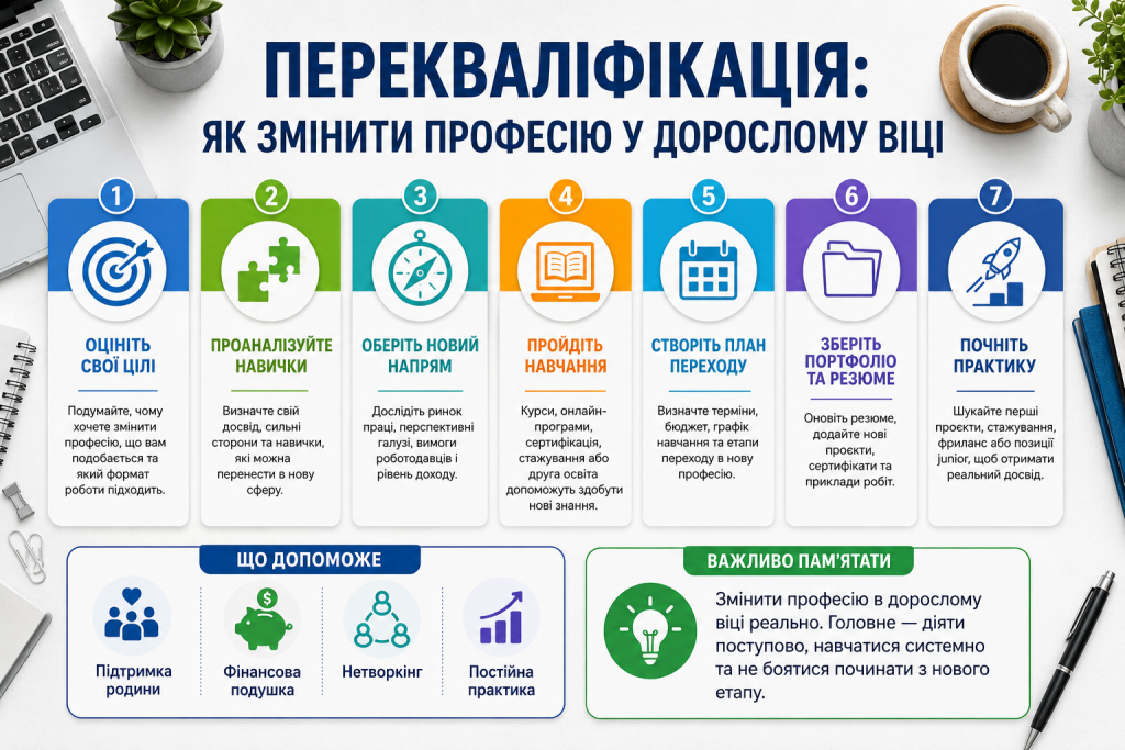 Інфографіка з етапами професійної перекваліфікації, вибору нового напряму, навчання та пошуку роботи