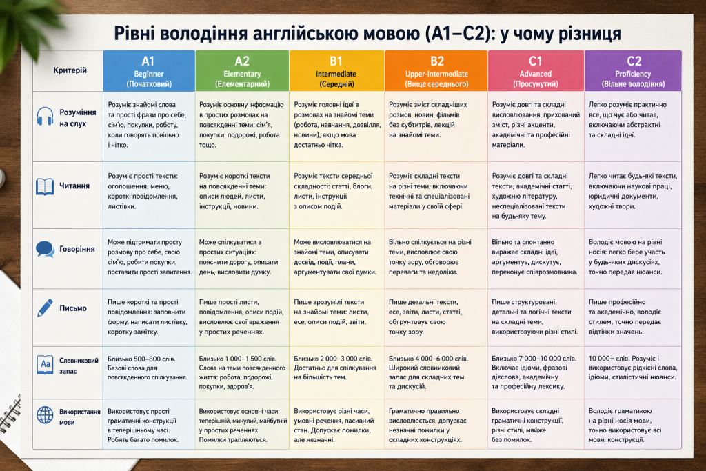 Порівняльна таблиця рівнів володіння англійською мовою A1, A2, B1, B2, C1 і C2 за основними навичками