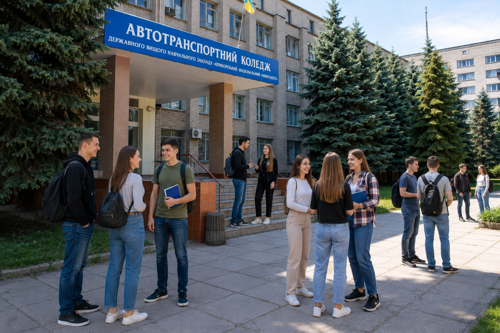 Молоді студенти з рюкзаками та навчальними матеріалами спілкуються біля входу до коледжу