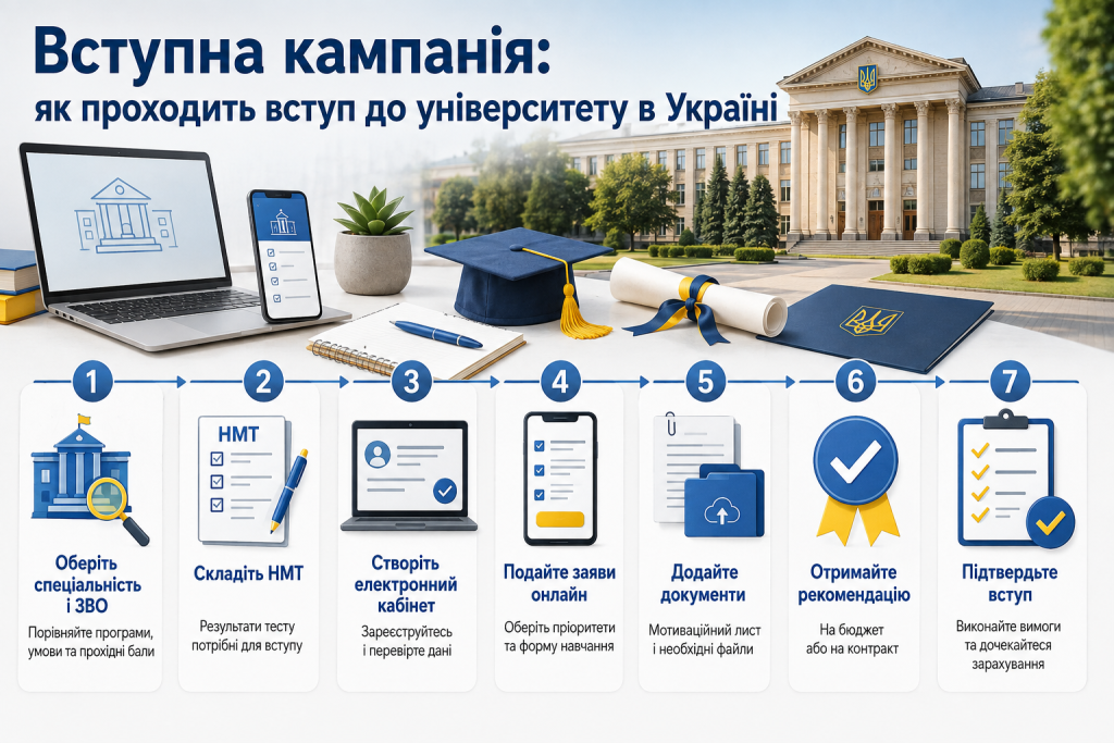 Інфографіка про етапи вступної кампанії в Україні від складання НМТ і створення кабінету до подання заяв та зарахування