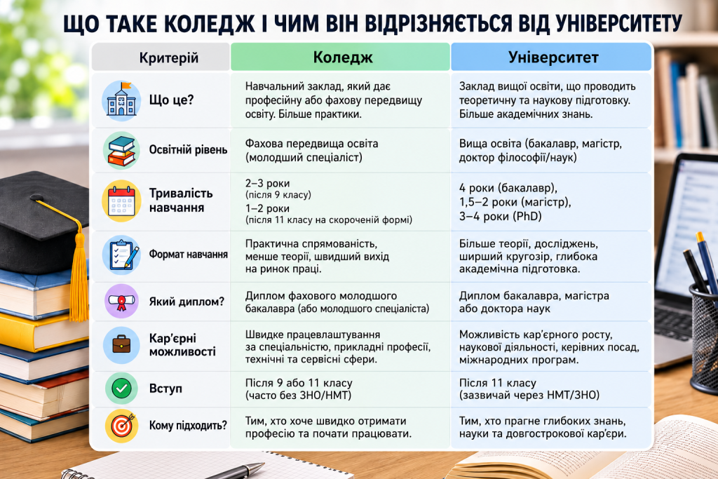 Інфографіка з порівнянням коледжу та університету за умовами вступу, тривалістю навчання і кваліфікацією
