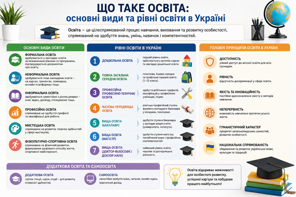 Інфографіка про дошкільну, загальну середню, професійну та вищу освіту й основні освітні рівні в Україні