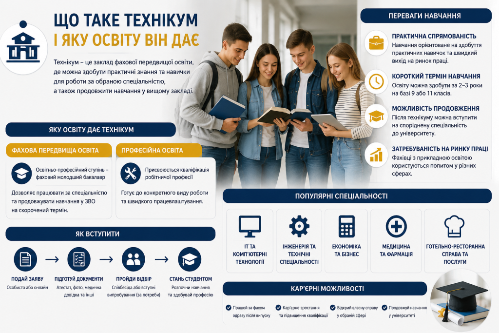 Інфографіка про навчання в технікумі, умови вступу, спеціальності, тривалість підготовки та отриману кваліфікацію