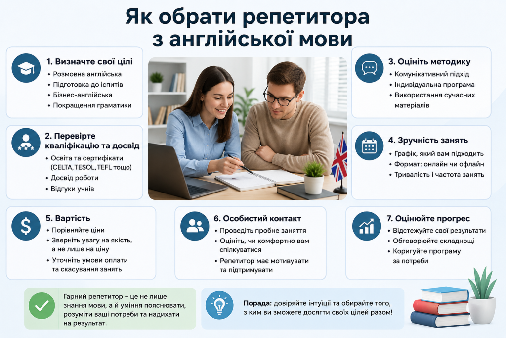 Інфографіка з критеріями вибору репетитора англійської мови, перевіркою кваліфікації та формату занять