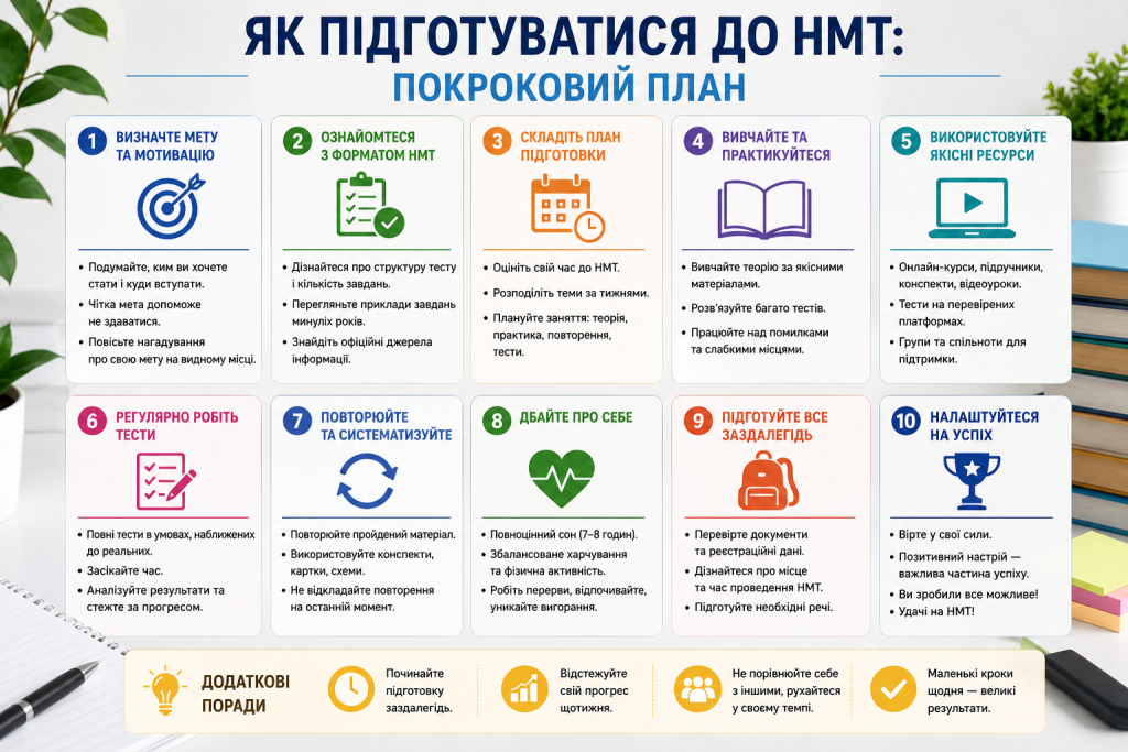 Інфографіка з покроковим планом підготовки до НМТ, розкладом занять, практикою тестів і повторенням матеріалу