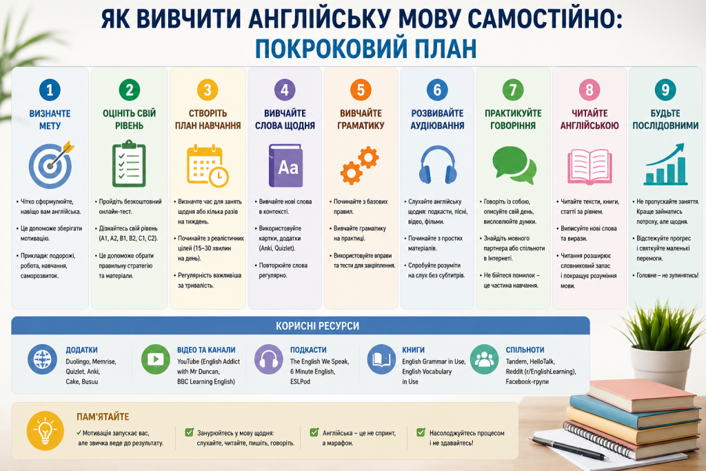 Інфографіка з покроковим планом самостійного вивчення англійської мови від визначення рівня до регулярної практики