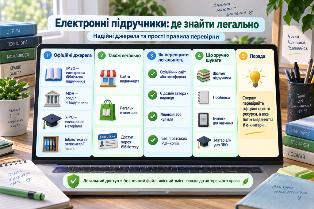 Інфографіка про легальні джерела електронних підручників, офіційні освітні платформи, сайти видавництв та способи перевірки законності матеріалів.