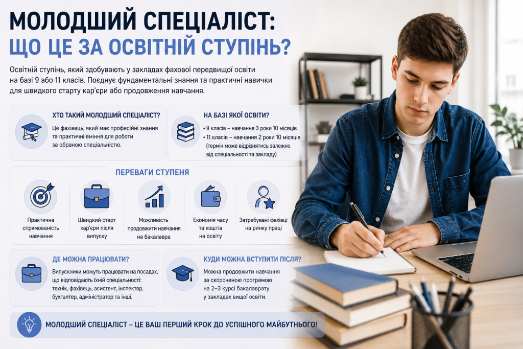 Інфографіка про освітній ступінь молодшого спеціаліста, переваги навчання, можливості працевлаштування та продовження освіти