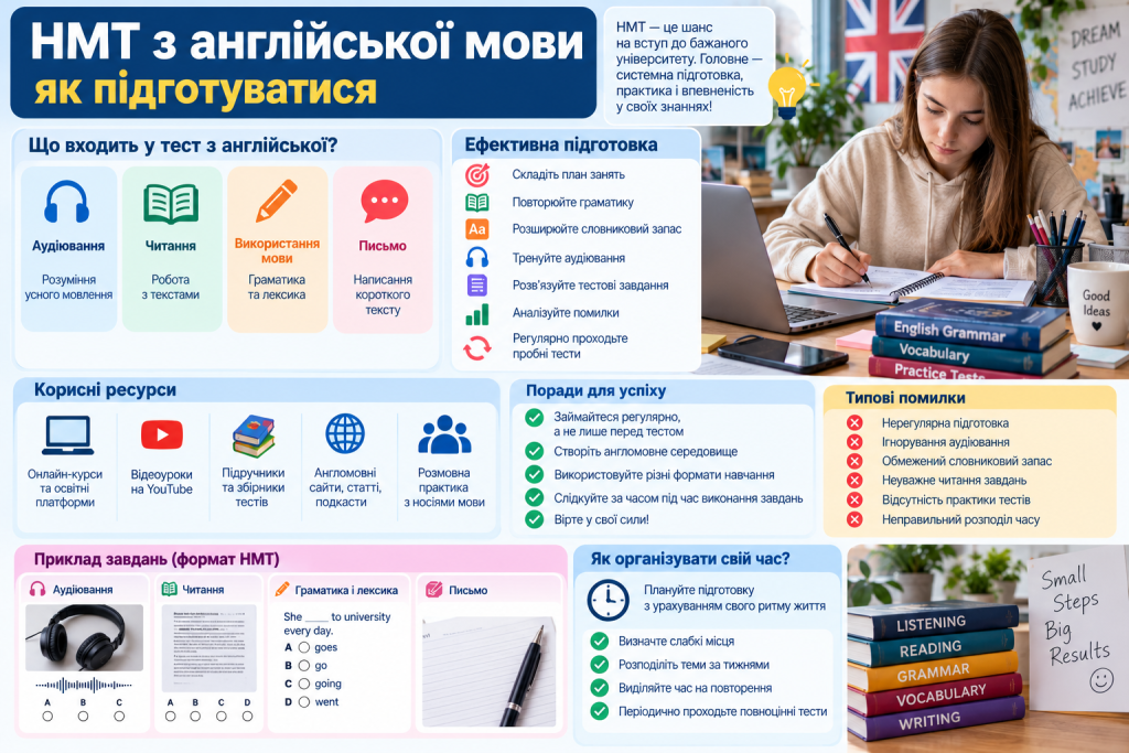 Інфографіка про підготовку до НМТ з англійської мови, структуру тесту, граматику, лексику, читання, аудіювання та корисні навчальні ресурси.