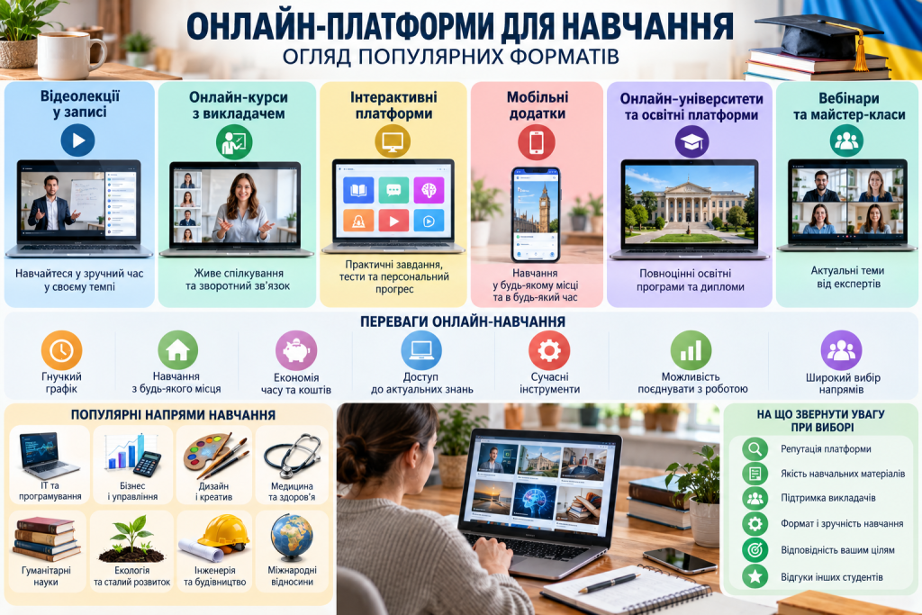 Інфографіка про онлайн-платформи для навчання — відеолекції, онлайн-курси, інтерактивні платформи, мобільні додатки, вебінари та онлайн-університети