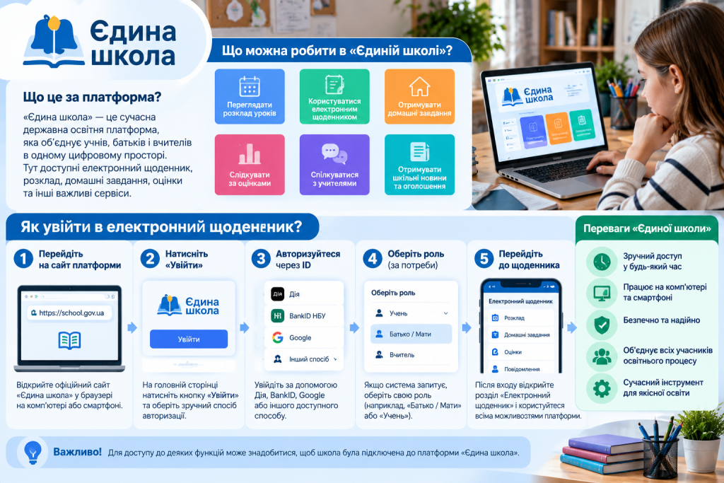 Інфографіка про платформу «Єдина школа», електронний щоденник, розклад, оцінки, домашні завдання та способи входу в систему.