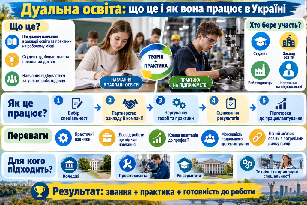 Інфографіка про дуальну освіту в Україні: поєднання теоретичного навчання з практикою на підприємстві, основні етапи та переваги для студентів.