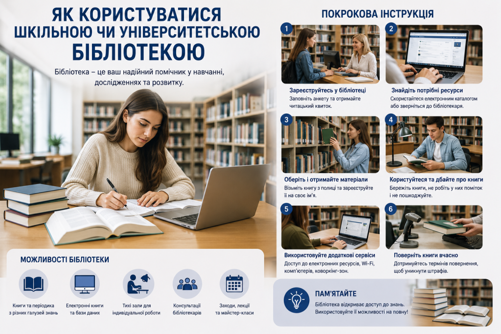 Інфографіка з покроковою інструкцією користування бібліотекою, пошуку книг, електронних ресурсів і повернення матеріалів