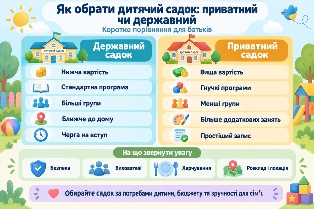 Інфографіка з порівнянням приватного та державного дитячого садка за вартістю, програмою, розміром груп, записом і додатковими заняттями.