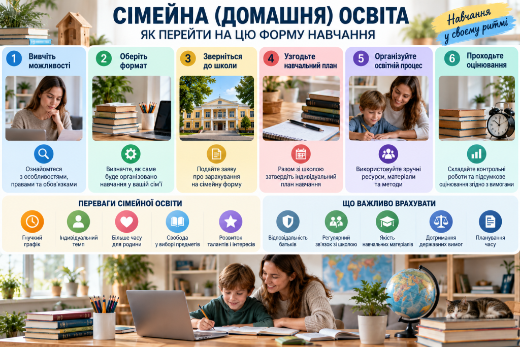 Інфографіка про перехід на сімейну домашню освіту — вибір формату, звернення до школи, навчальний план, організація занять та оцінювання