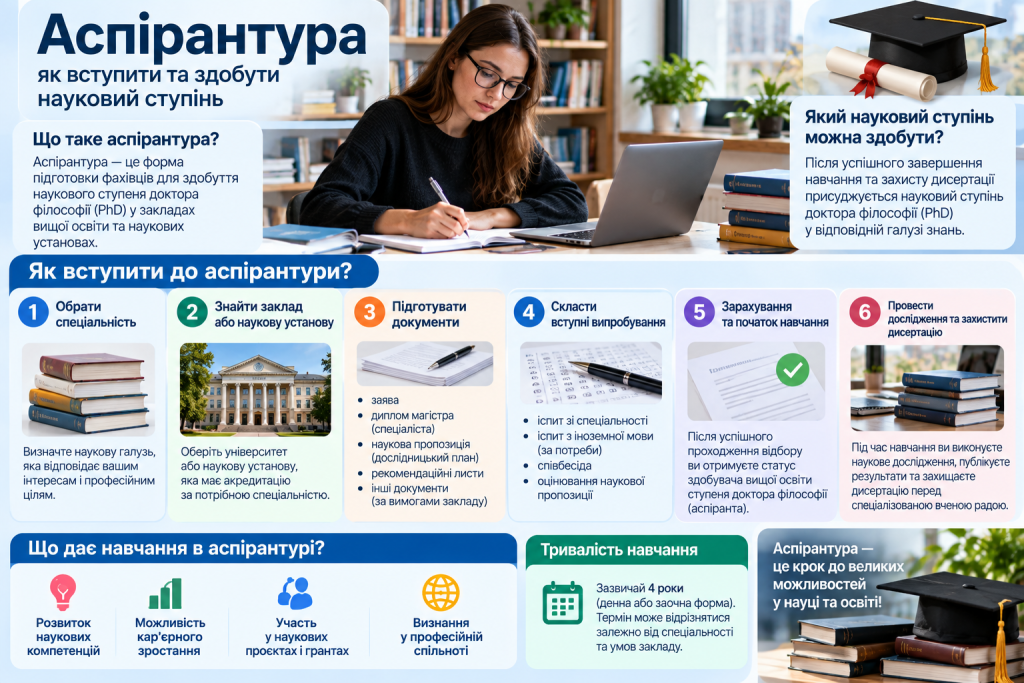 Інфографіка про вступ до аспірантури, вибір спеціальності, документи, вступні випробування, навчання та здобуття ступеня доктора філософії PhD.