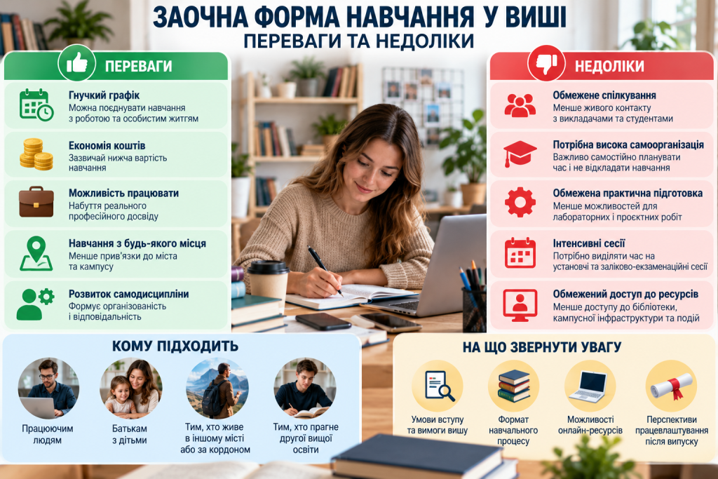 Інфографіка про заочну форму навчання у виші з основними перевагами, недоліками, особливостями вступу та організації освітнього процесу